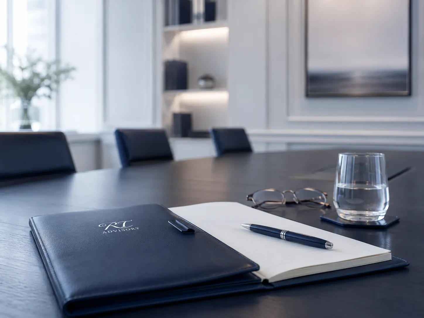 RT Advisory leather folder and notebook on a boardroom table
