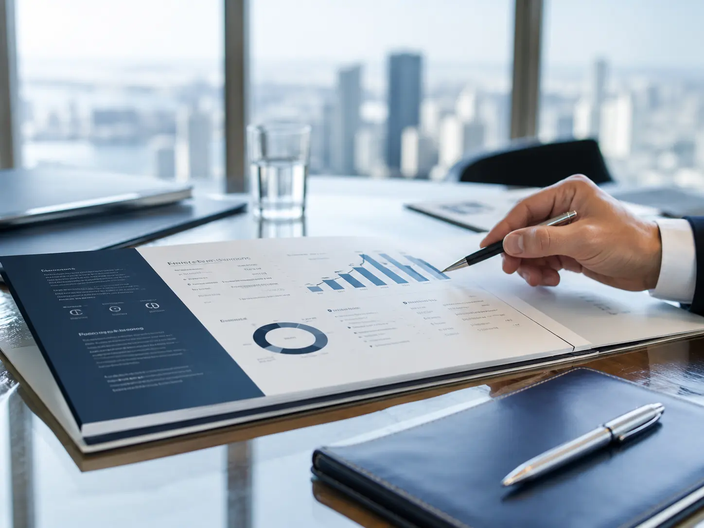 Financial report reviewed at a boardroom table overlooking the city